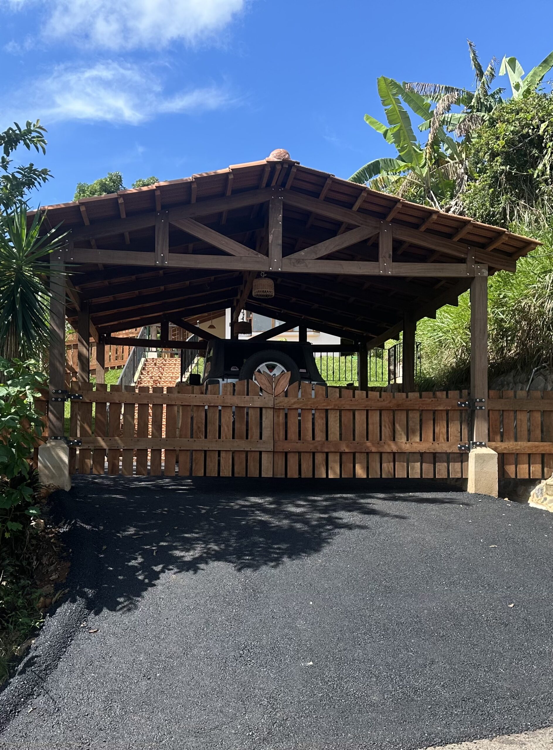 Finished timber carport and wooden entry gate