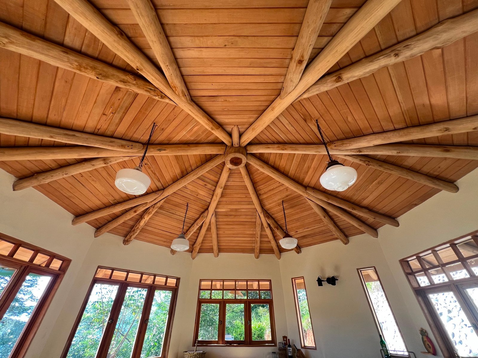 Radial timber ceiling in the completed Round-Window Home