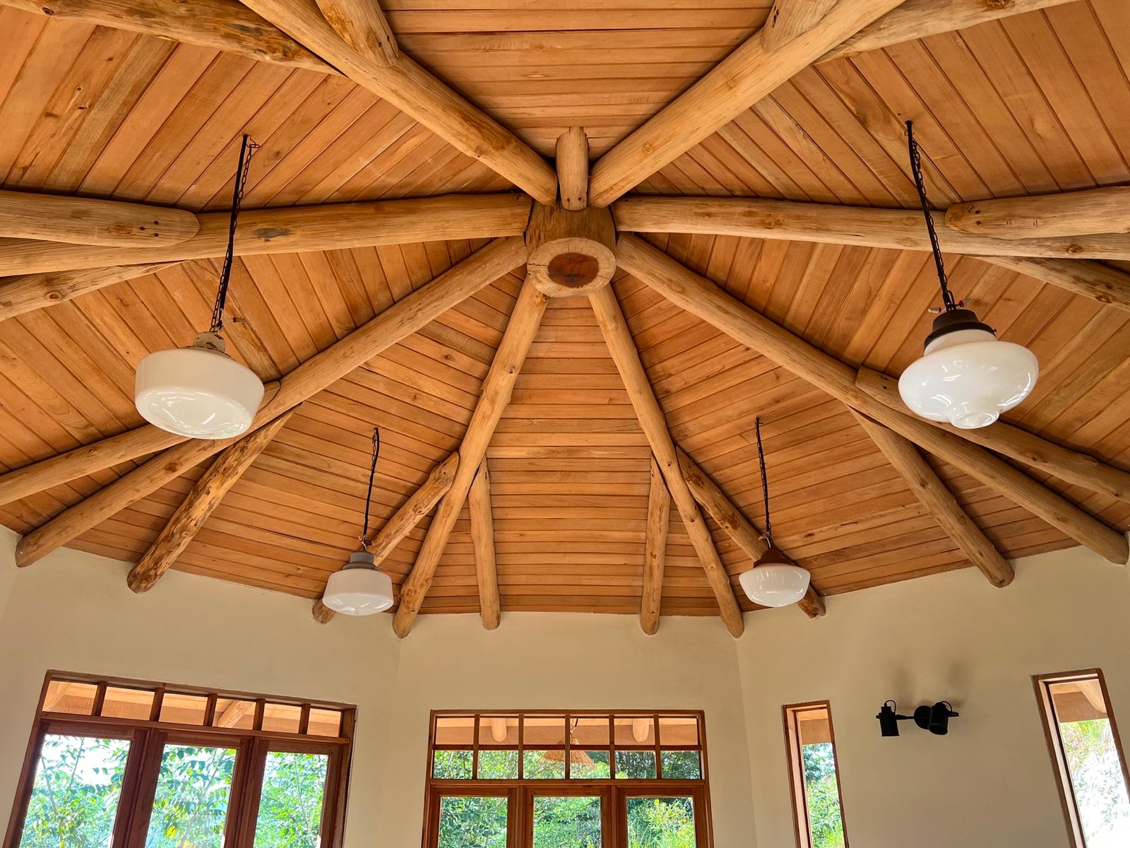 Close view of round timbers radiating from the center of the roof